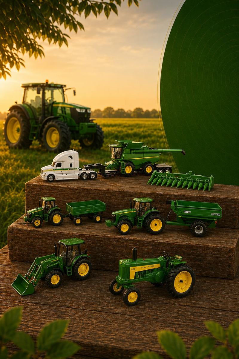 Miniaturas John Deere a escala sobre tablones, con un tractor al atardecer detrás